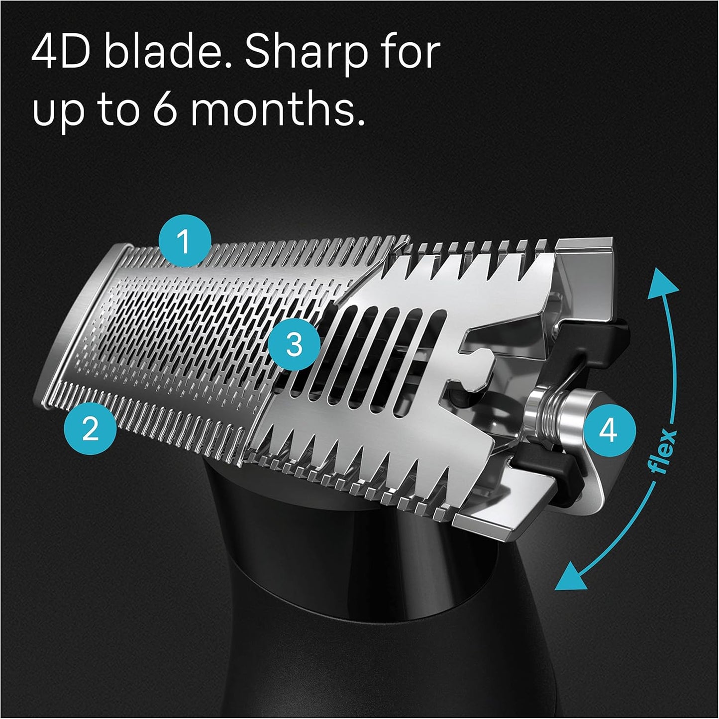 Close-up of Braun XT5 4D blade showing cutting elements and flexible design, sharp for up to 6 months