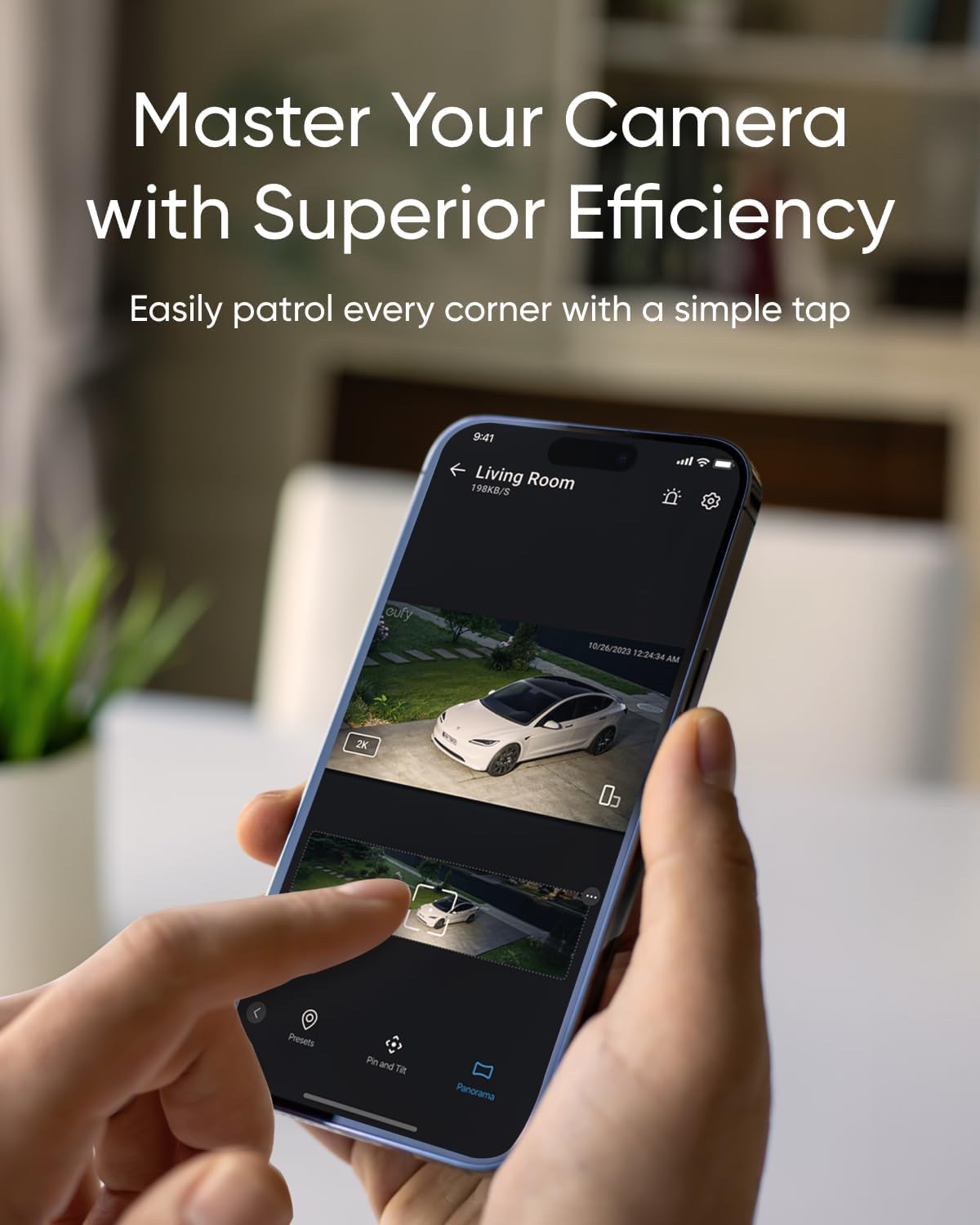 User controlling Eufy CCTV floodlight camera via mobile app with live video feed and patrol options