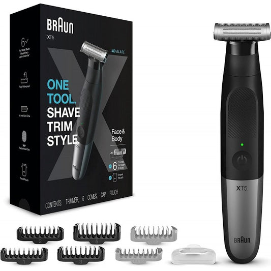 Braun XT5 grooming kit with trimmer, six attachment combs, protective cap, in retail packaging for face and body use