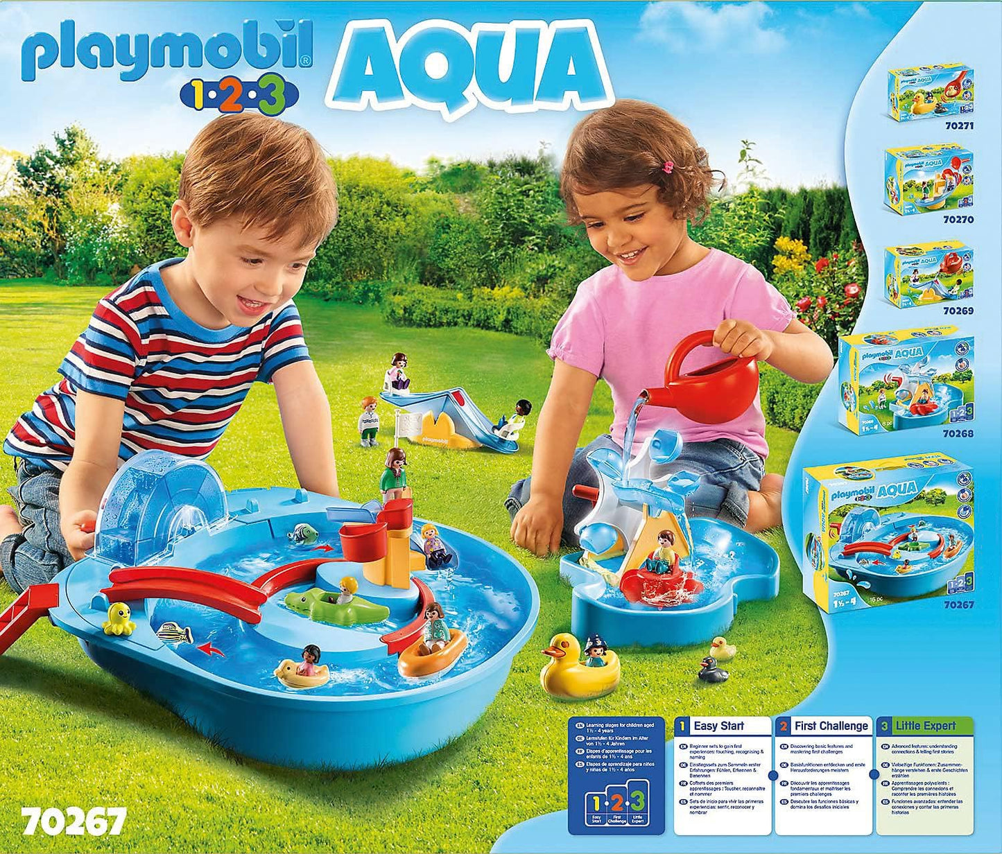 Two young children playing outside with Playmobil 1.2.3 Aqua water playsets, pouring water and watching toy boats float, with product packaging and other sets displayed on the side