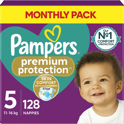 Pampers Premium Protection Size 5 Nappies – 32 to 128 Nappy Packs (11–16kg)