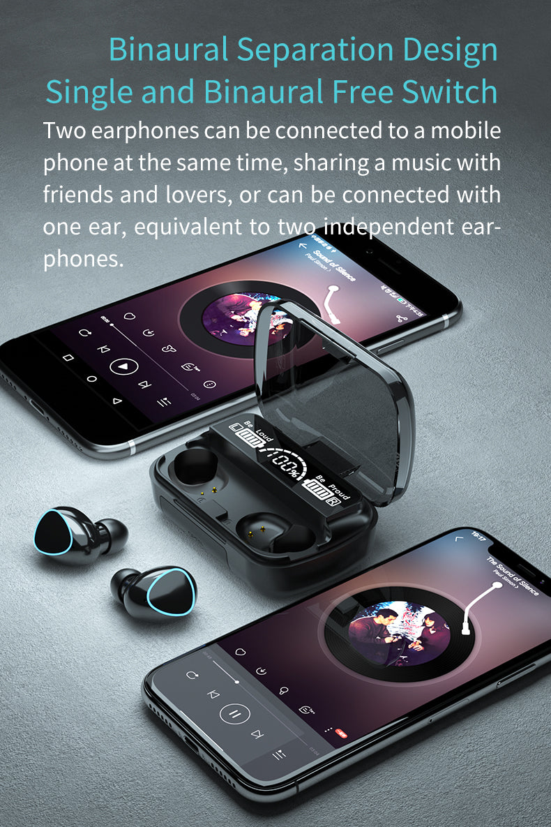M10 Earphones – Front Angle View Inside Charging Case
