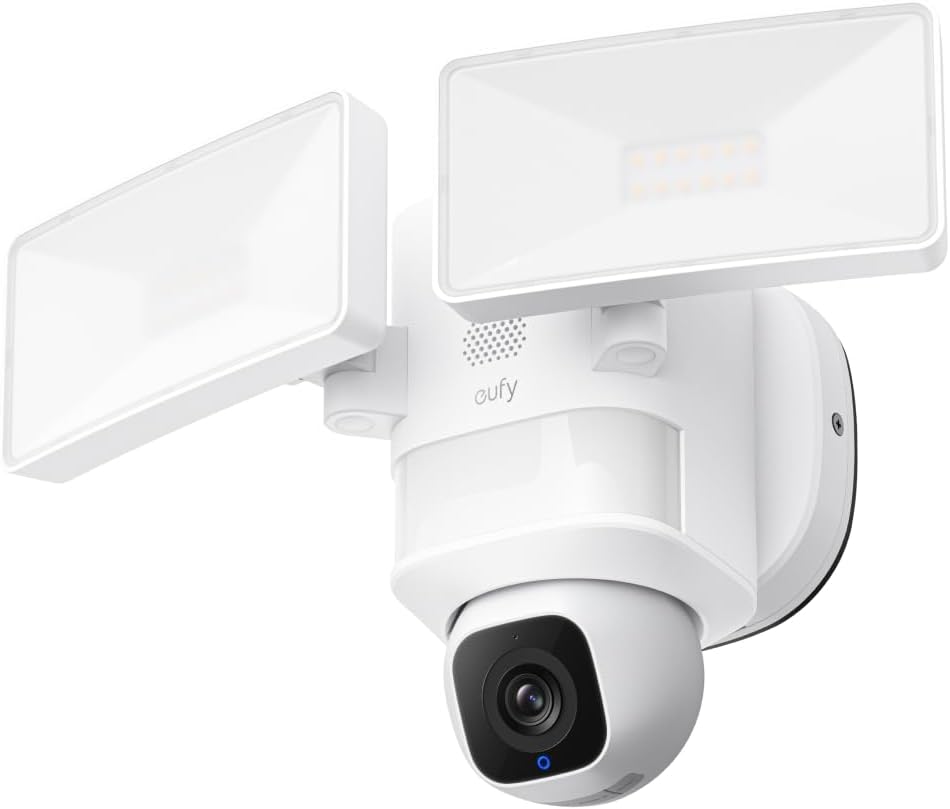Close-up of the Eufy E30 Floodlight Camera showing dual LED panels and 2K HD security lens for detailed surveillance
