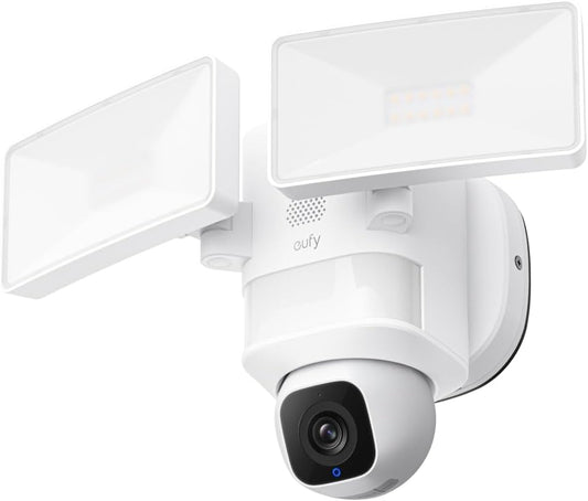 Close-up of the Eufy E30 Floodlight Camera showing dual LED panels and 2K HD security lens for detailed surveillance