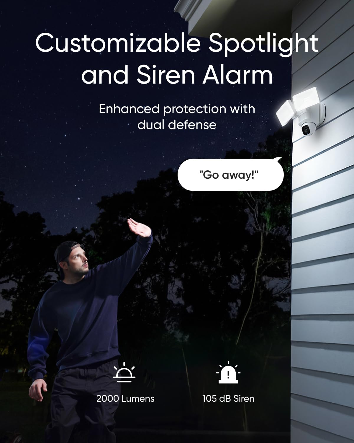 Eufy E30 spotlight camera deterring an intruder with bright lights and 105 dB siren alarm at night