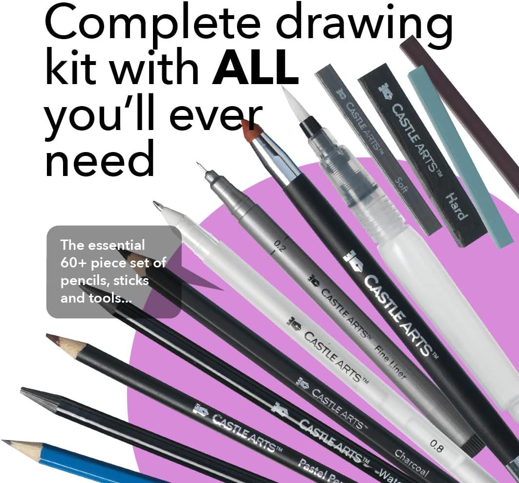 Castle Arts 60 Piece Drawing & Sketching Set in Zip Up Case