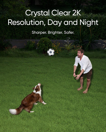Man playing with dog at night in garden, illuminated by security floodlight with 2K resolution camera for crystal-clear video
