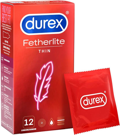 Durex Fetherlite Thin Condoms 12 Pack – Ultra-thin for heightened sensitivity with a secure, easy-on shape and extra lubrication