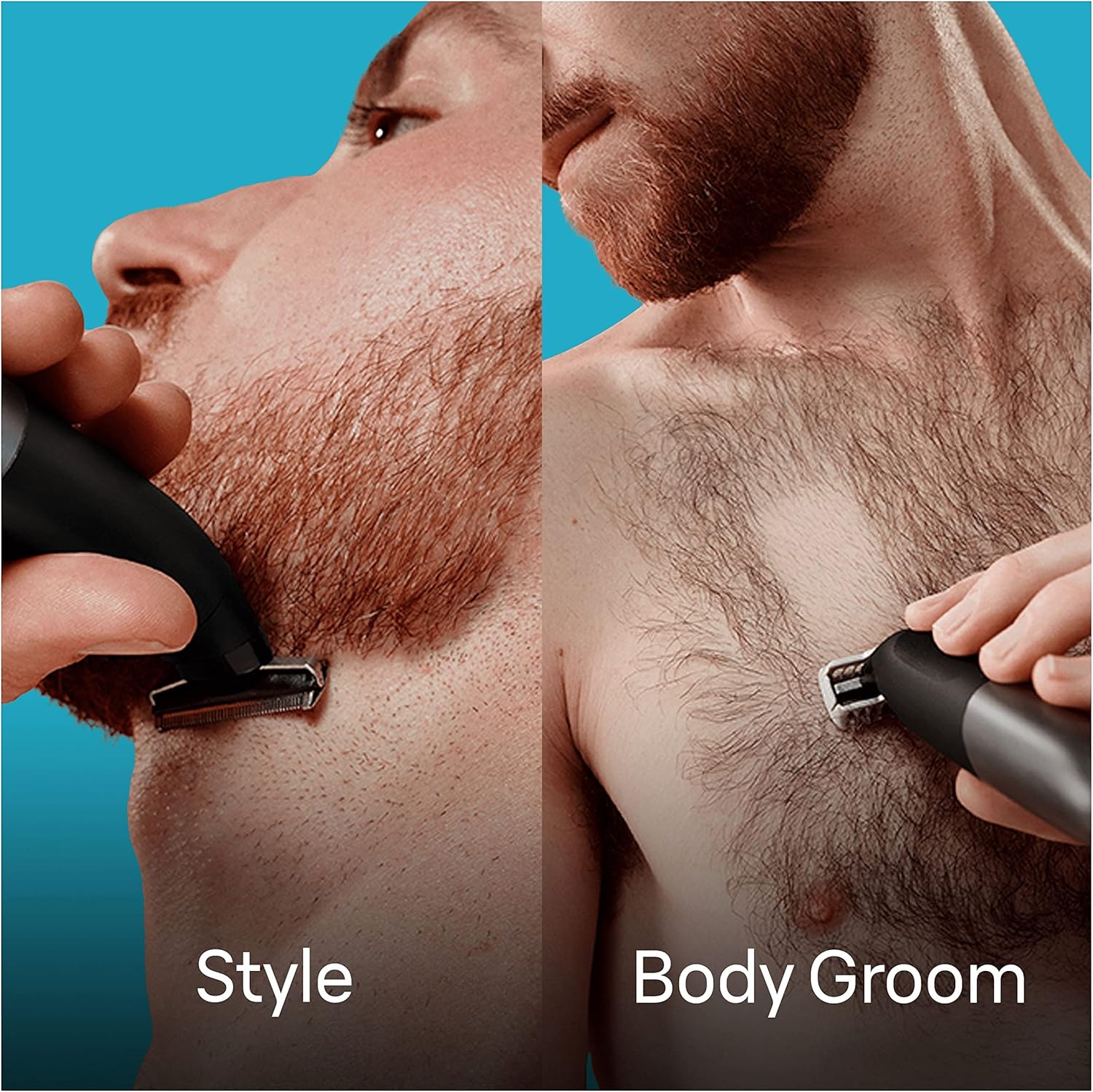 Man using Braun XT5 trimmer to groom beard and chest, demonstrating facial styling and body grooming