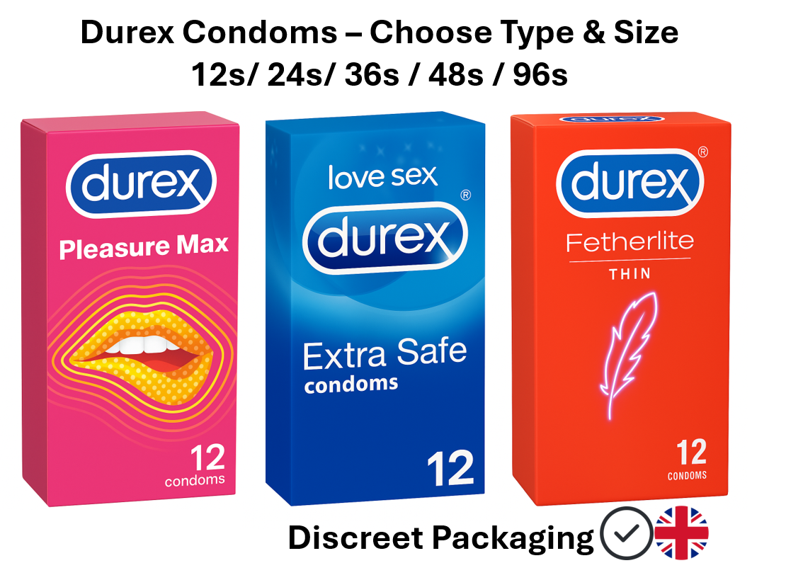 Durex condoms multipack options – Pleasure Max, Extra Safe, and Fetherlite Thin – available in 12, 24, 36, 48, and 96 packs with discreet UK delivery