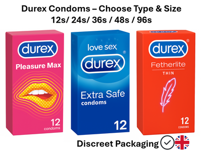 Durex condoms multipack options – Pleasure Max, Extra Safe, and Fetherlite Thin – available in 12, 24, 36, 48, and 96 packs with discreet UK delivery