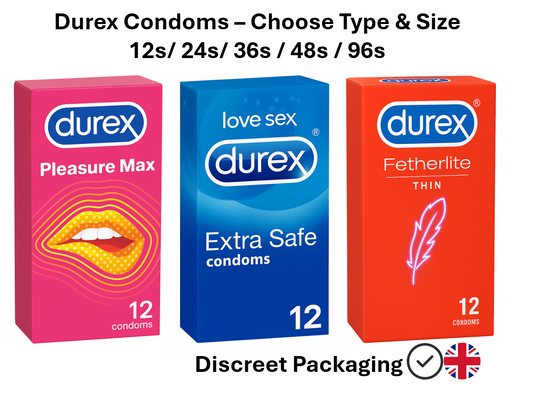 Durex condoms multipack options – Pleasure Max, Extra Safe, and Fetherlite Thin – available in 12, 24, 36, 48, and 96 packs with discreet UK delivery