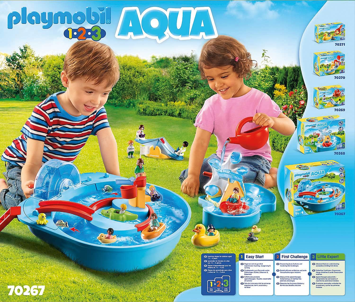Two young children playing outside with Playmobil 1.2.3 Aqua water playsets, pouring water and watching toy boats float, with product packaging and other sets displayed on the side