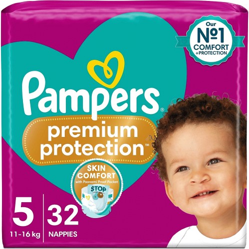 Pampers Premium Protection Size 5 Nappies – 32 to 128 Nappy Packs (11–16kg)