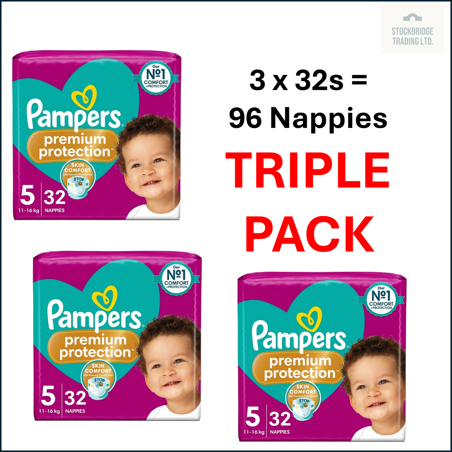 Pampers Premium Protection Size 5 Nappies – 32 to 128 Nappy Packs (11–16kg)
