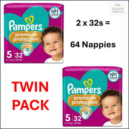 Pampers Premium Protection Size 5 Nappies – 32 to 128 Nappy Packs (11–16kg)